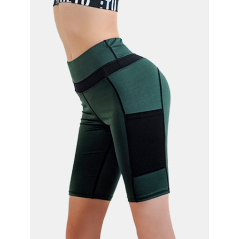 Women Contrasting Colors Pocket Fitness Workout Biker Shorts