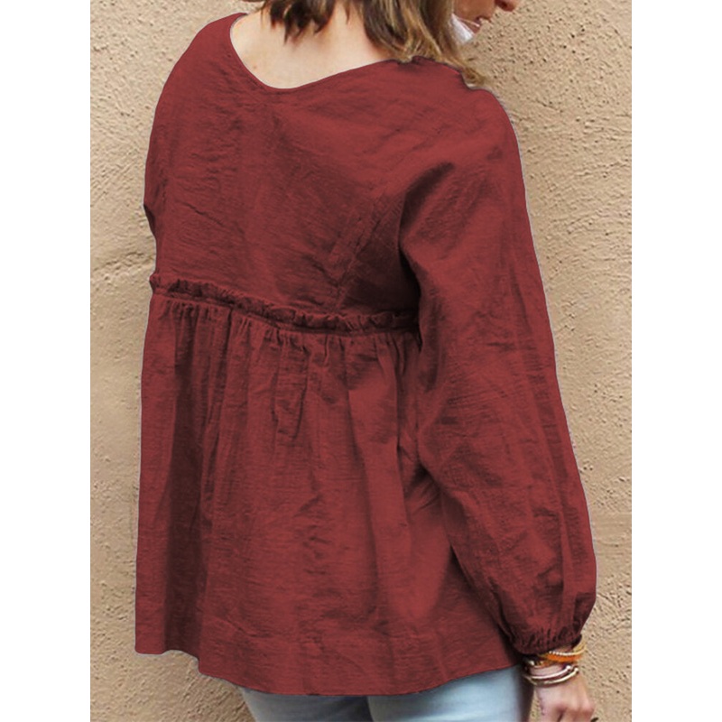 Women Cotton Pure Color V-Neck Puff Sleeve Blouse