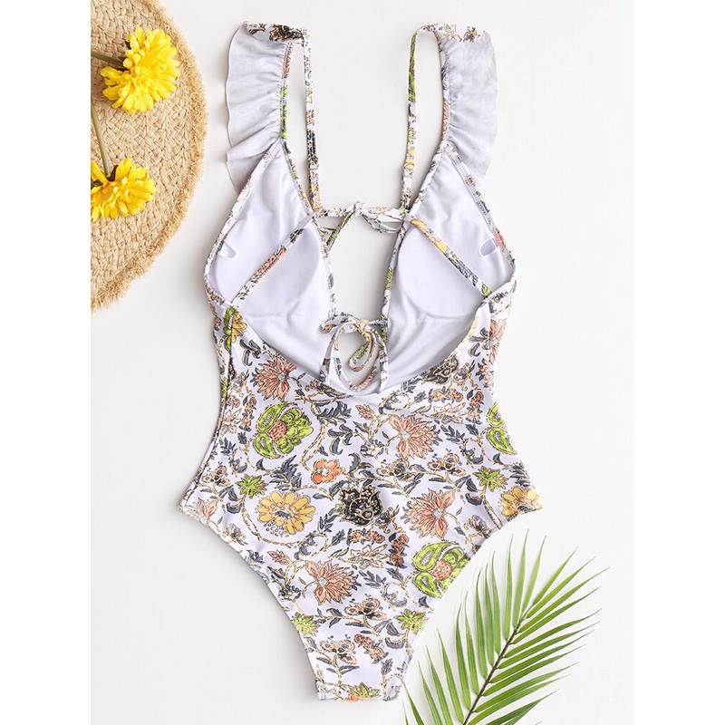 Women Design Floral Print String Ruffles Straps One Piece Backless Swimwear