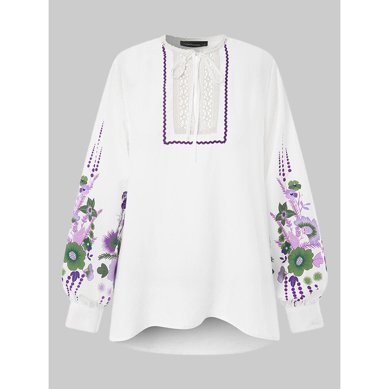 Women Flower Print Lace Stitching Tie Neck Long Sleeve Casual Blouses