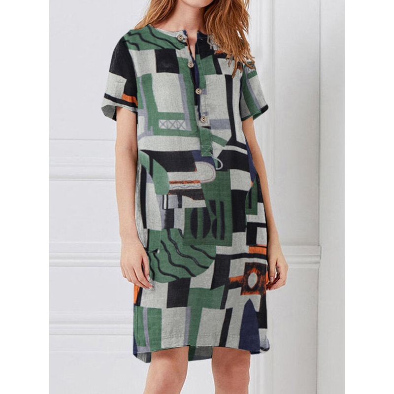 Women Geometry Print Short Sleeve Vintage Dresses with Pockets