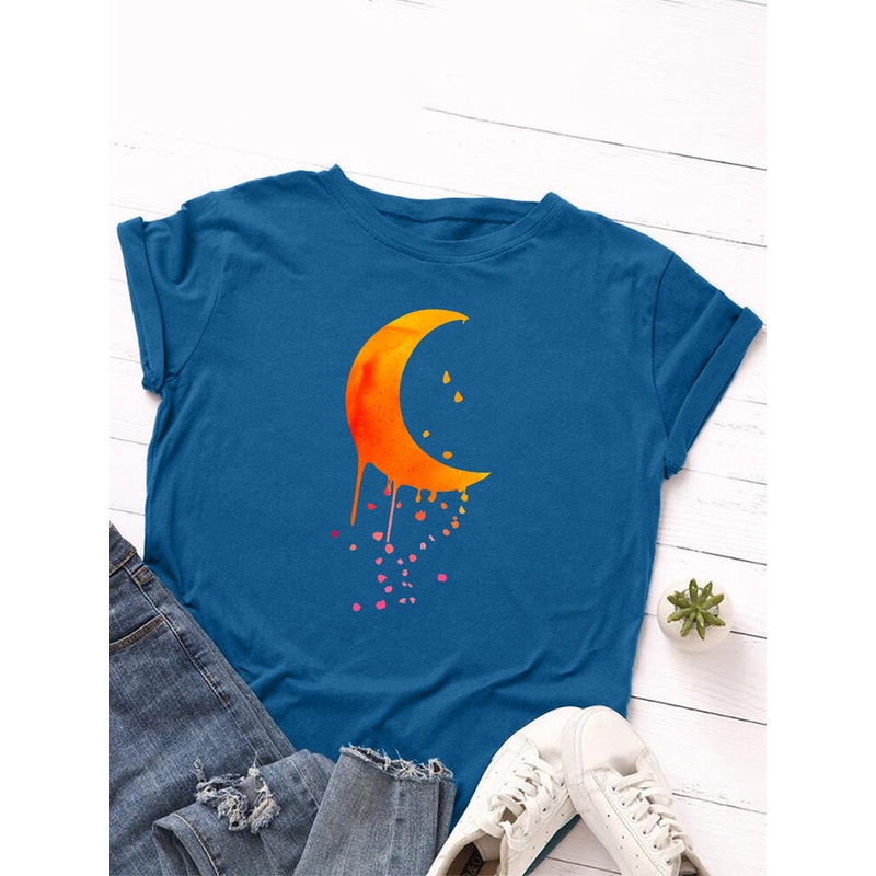 Women Moon Graphics Round Neck Casual Short Sleeve T-Shirts