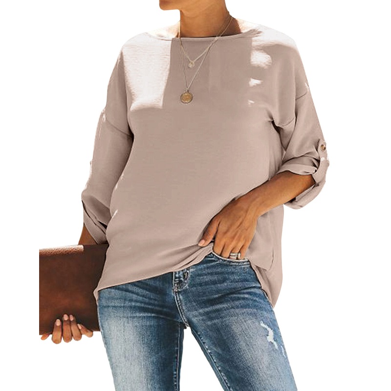 Women Round Neck Adjustable Long Sleeves Casual Solid Loose Blouse
