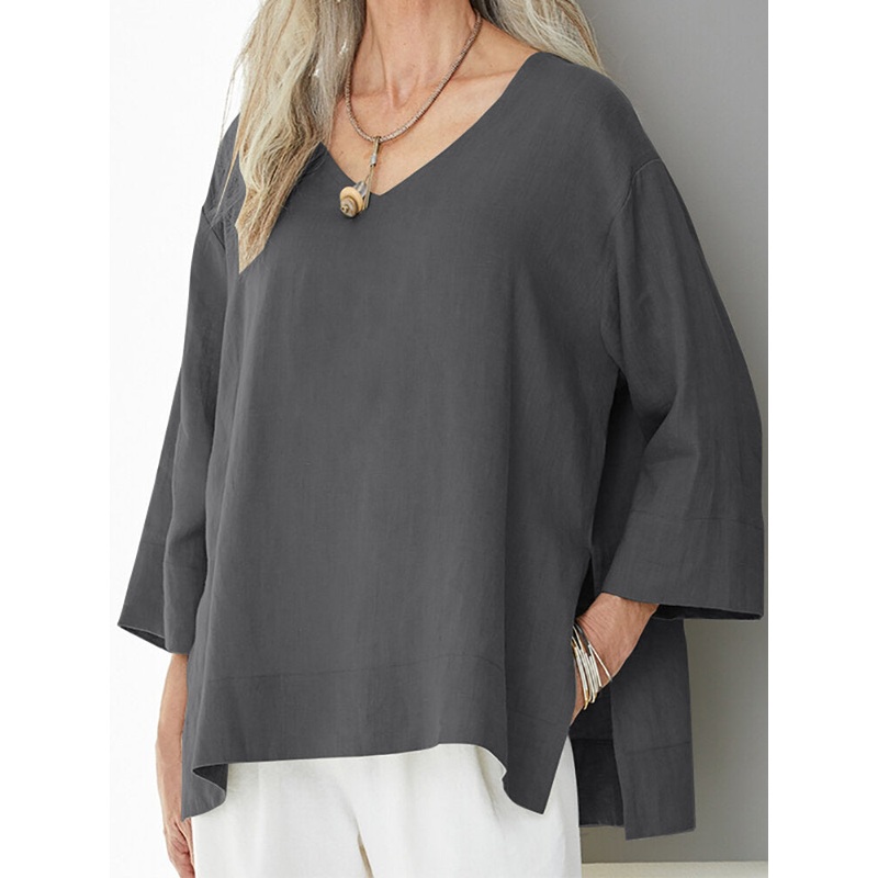Women Solid Color V-Neck Three Quarter Sleeve Blouse