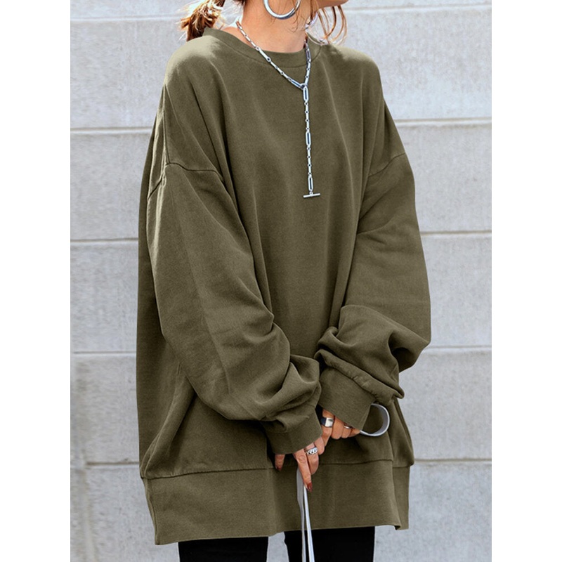 Women Solid Loose All-Match Long O-Neck Full Sleeve Casual Blouses