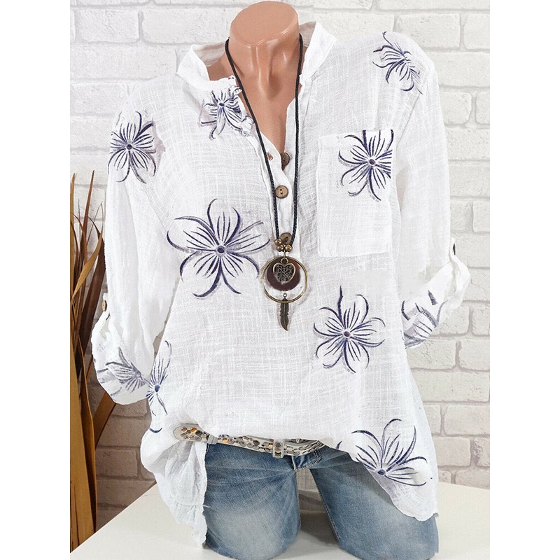 Women Vintage Floral Printed Stand Collar Button Casual Long Sleeve Blouse