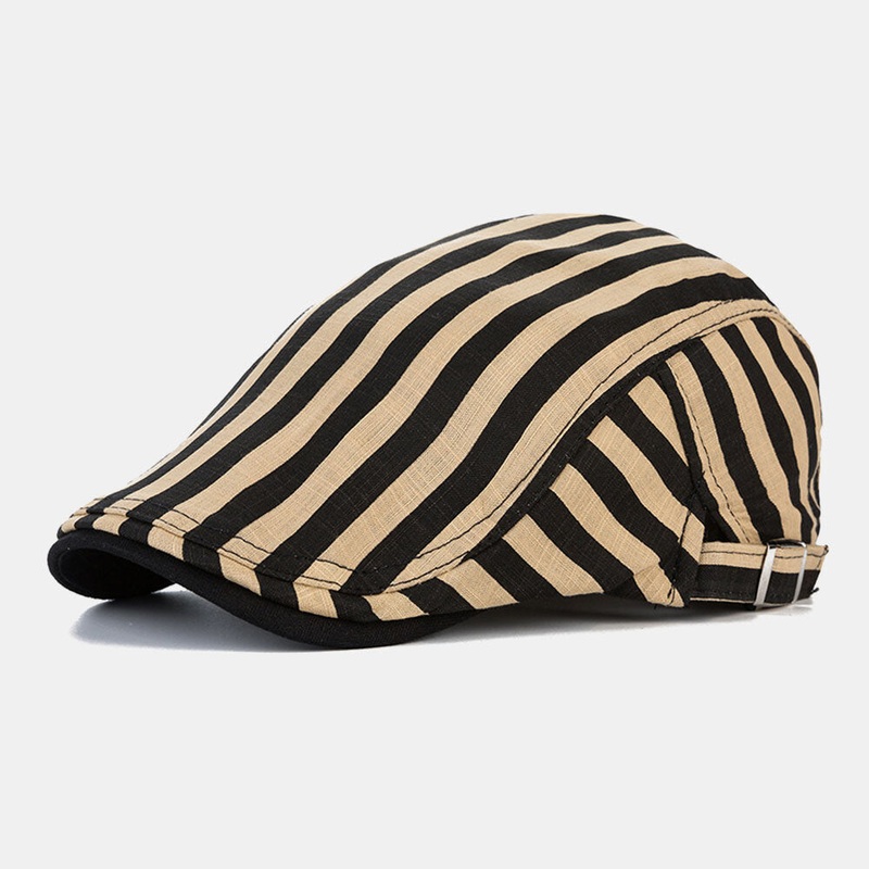 Men Cotton-Linen Striped Pattern Retro Forward Hat Flat Cap Beret Cap