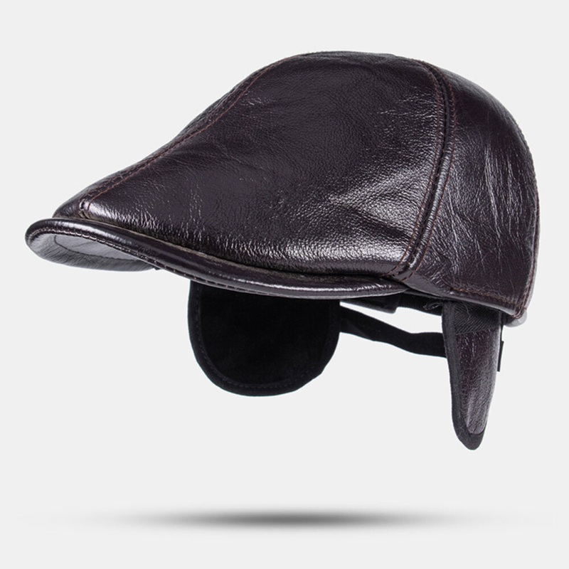 Men Genuine Leather Ear Protection Warm Retro Casual Solid Color Forward Hat Beret Hat