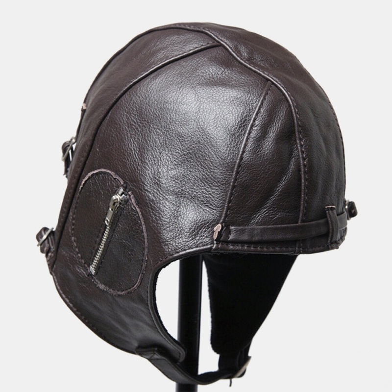Men Genuine Leather Punk Retro Motorcycle Hat Windproof Ear Protection Pilot Hat