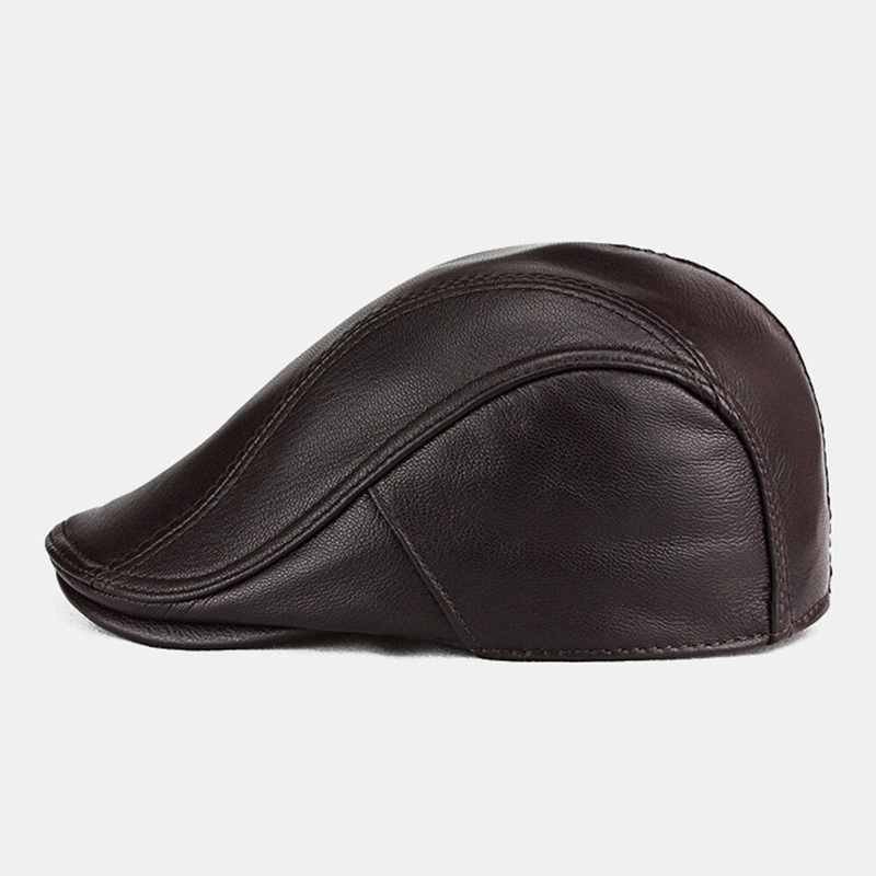 Men Genuine Leather Thin Short Brim Beret Flat Cap Rtro Casual Sheepskin Windproof Newsboy Hat Cabbie Hat