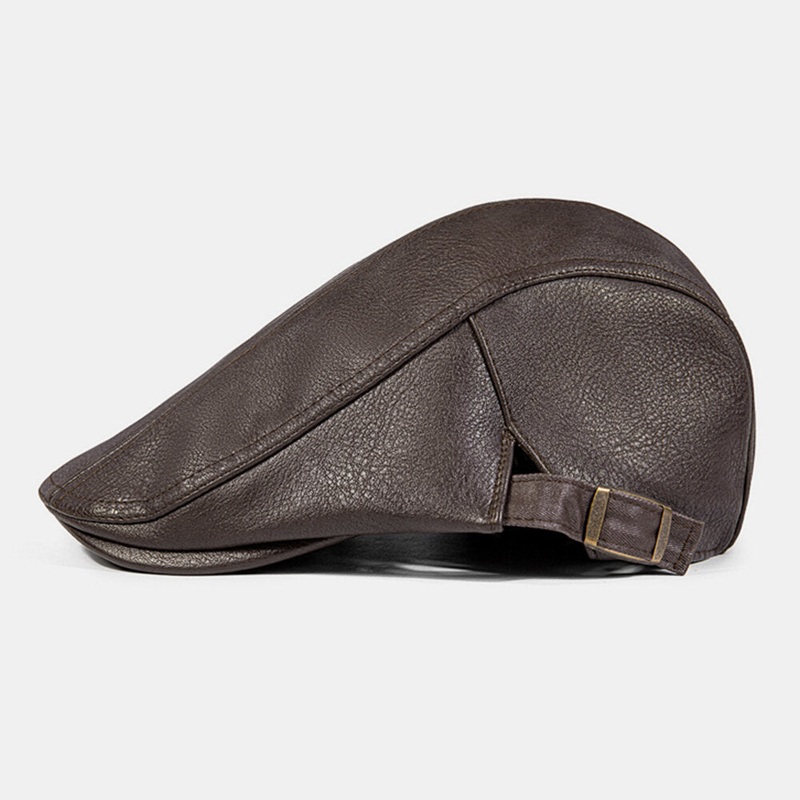 Men Octagonal Hat PU Leather Thicken Winter Warm Adjustable Berets Cabbie Hat