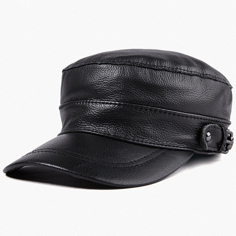 Men’s Hat Leather Flat Top Military Cap Warm Earmuffs Outdoor Leather Duck Tongue Windproof Hat Male Flat Hats