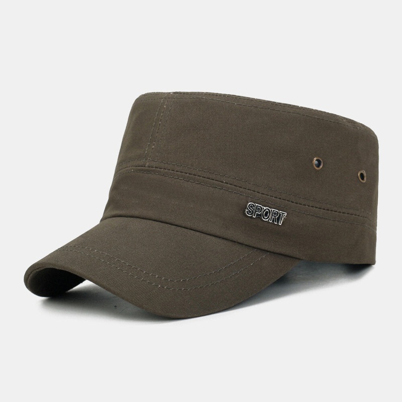 Men Solid Metal Letter Label Flat Top Cap Short Brim Outdoor Suncreen Military Cap Cadet Hat