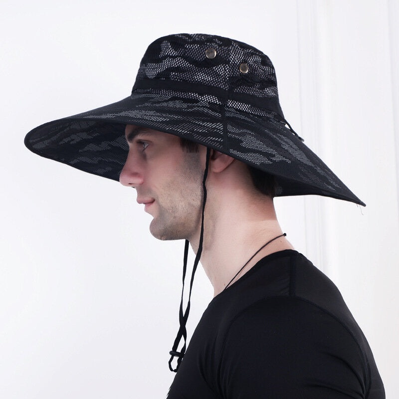 Mens Bucket Hat Mesh Breathable Sunshade Cap Fishing Hat Oversized Brim With String Outdoor Cycling Climbing