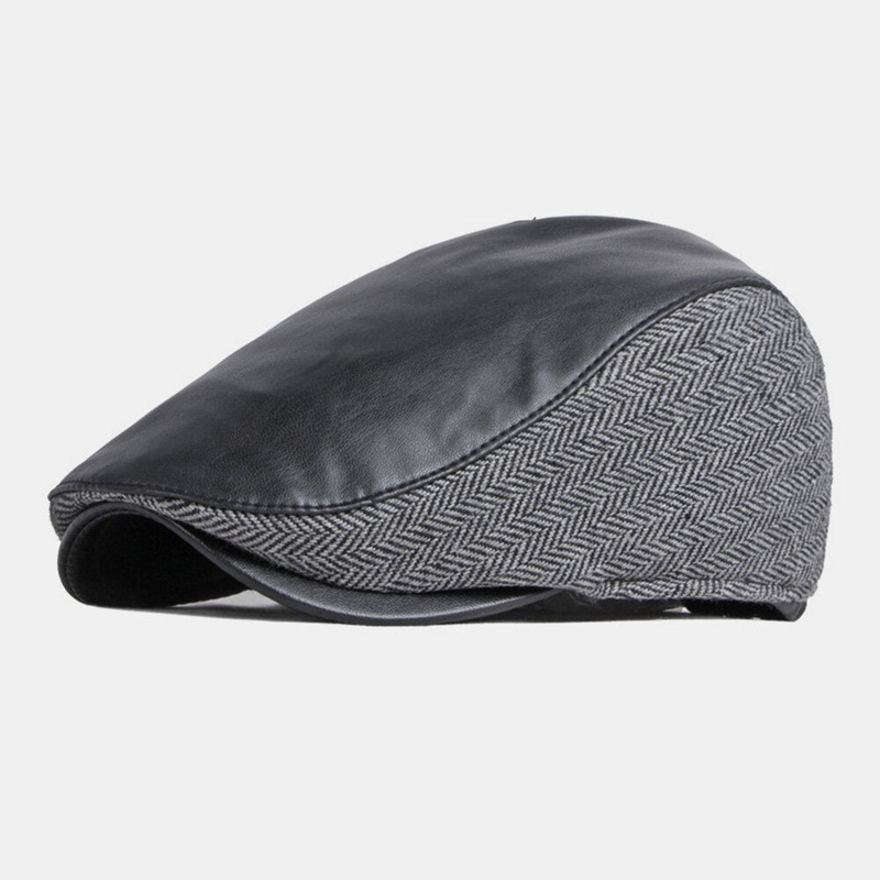 Mens PU Leather Stitching Earflaps Ear Protection Beret Cap Retro Outdoor Cool Protection Warm Forward Hat