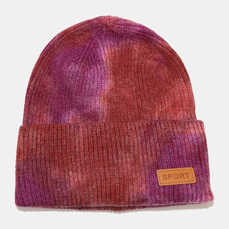 Unisex Core-spun Yarn Elastic Knitted Tie-dye Hat Fashion Casual Letter Label Autumn Winter Warmth Brimless Beanie Hat Landlord Cap