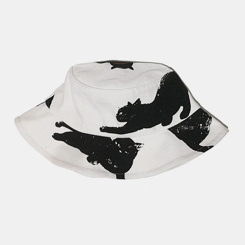 Unisex Cotton Cute Cartoon Black Cat Pattern Sunvisor Casual Couple Hat Bucket Hat