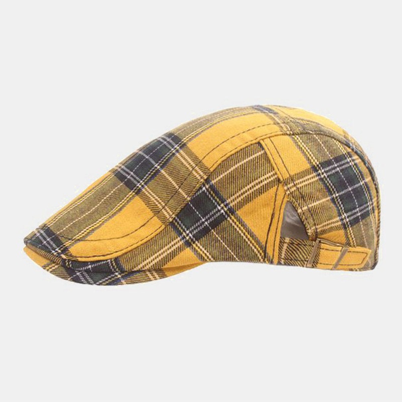 Unisex Cotton Lattice Pattern Berets British Retro Outdoor Casual College Adjustable Breathable Flat Hat