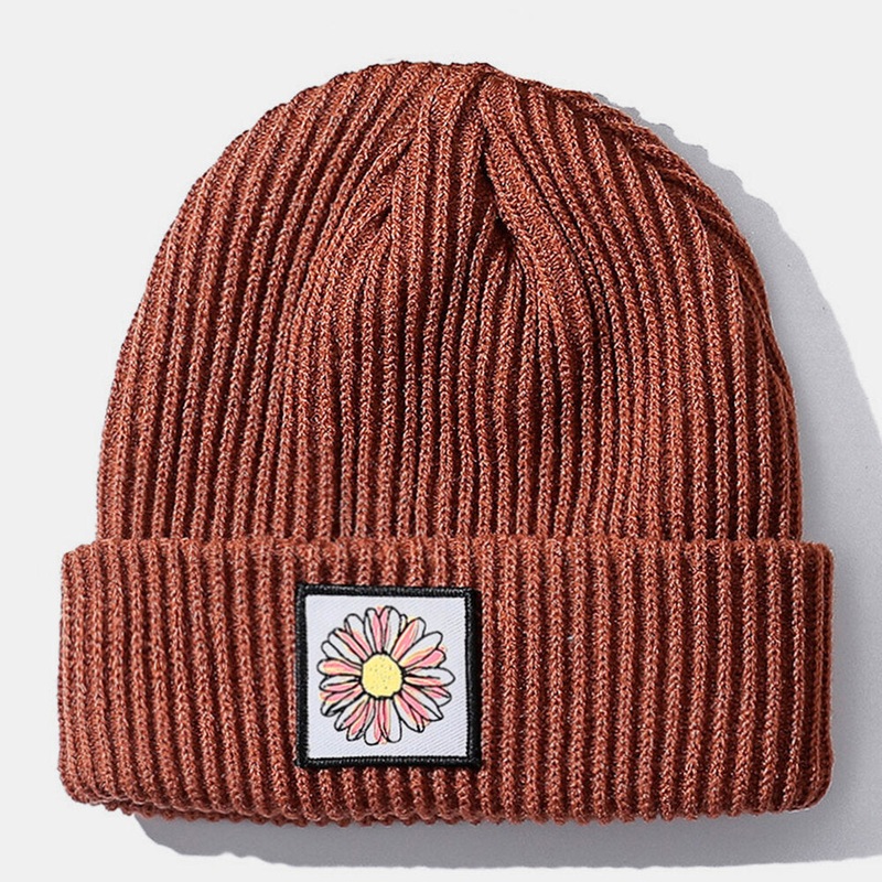 Unisex Cotton Sunflower Pattern Knitted Hat Warm Fashion Street Trend Brimless Beanie Hat