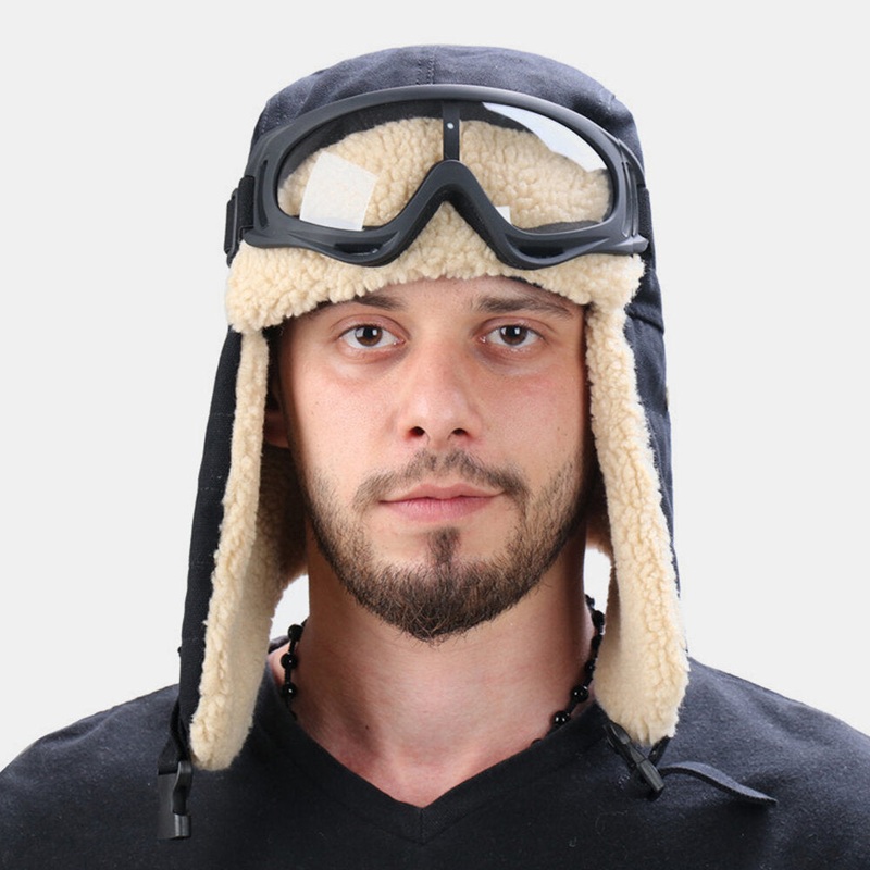 Unisex Lamb Hair and Canvas Plus Thicken Warm Windproof Ear Protection Outdoor Ski Hat Trapper Hat
