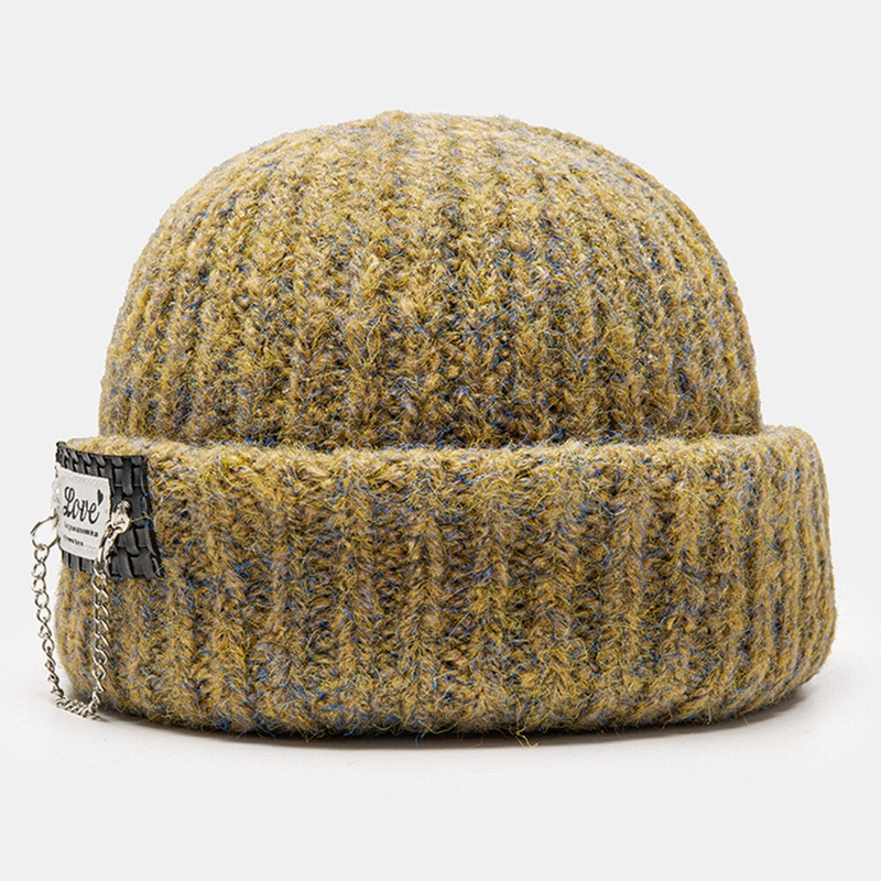 Unisex Mixed Color Knitted Letter Patch Chain Decoration Warmth Flanging Brimless Beanie Hat