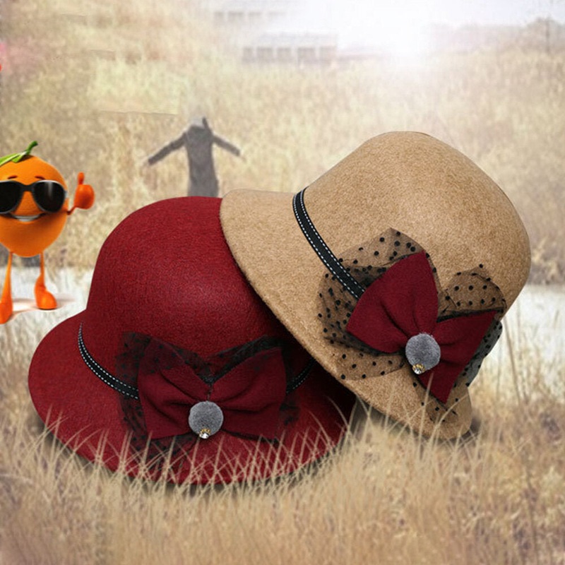 Women Winter Outdoor Cool Protection Warm Top Hat Felt Bow Decoration Lace Fedora Hat Bucket Hat