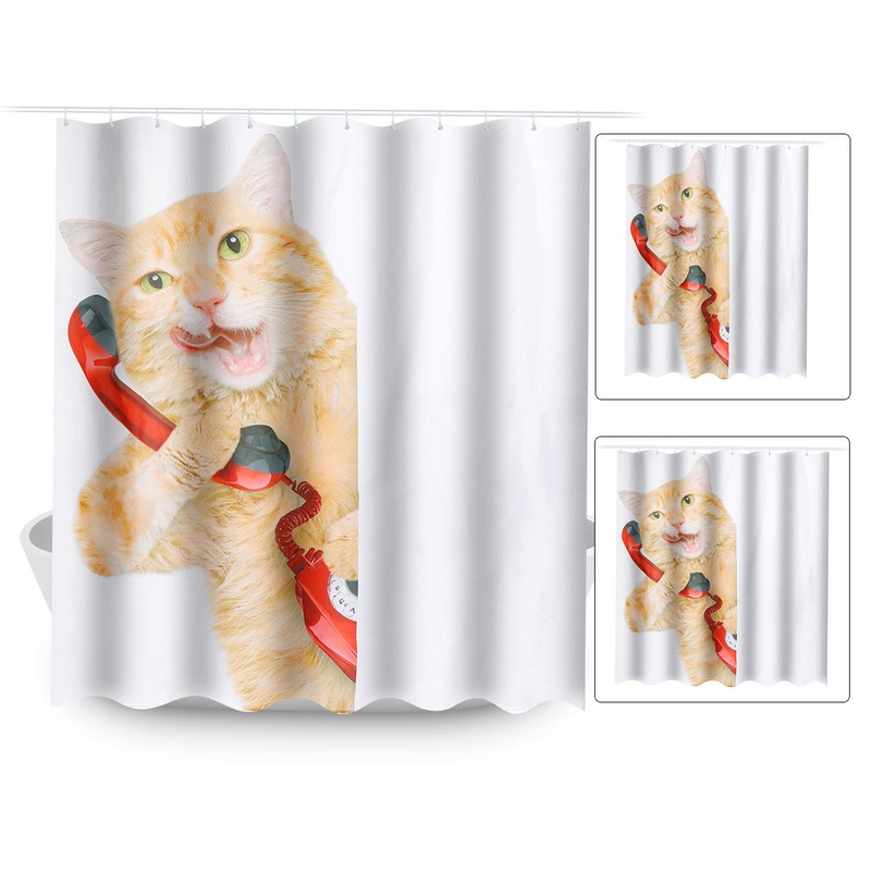 150/180X180CM Cat Bathroom Waterproof Shower Curtain With 12 White C-shaped Plastic Hooks