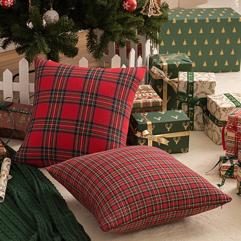 1PC Square Pillow Case Christmas Scottish Plaid Throw Waist Cushion Cover 18