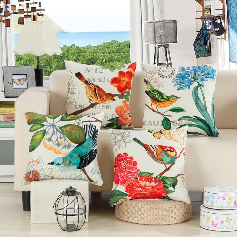 Cotton Linen Colorful Painting Birds Cushion Cover Car Decorative Throw Pillow Case