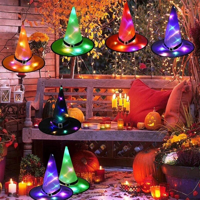 Halloween LED Costume Props Witch Hats LED Lights Cap for Halloween Outdoor Tree Hanging Ornament Home Glow Party Decor