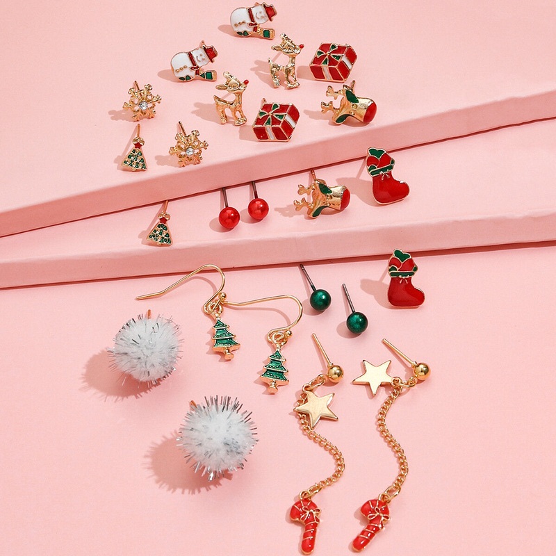 12 Pcs Christmas Ear Stud Set Christmas Stocking Gift Star Wand Elk Tassel Earrings