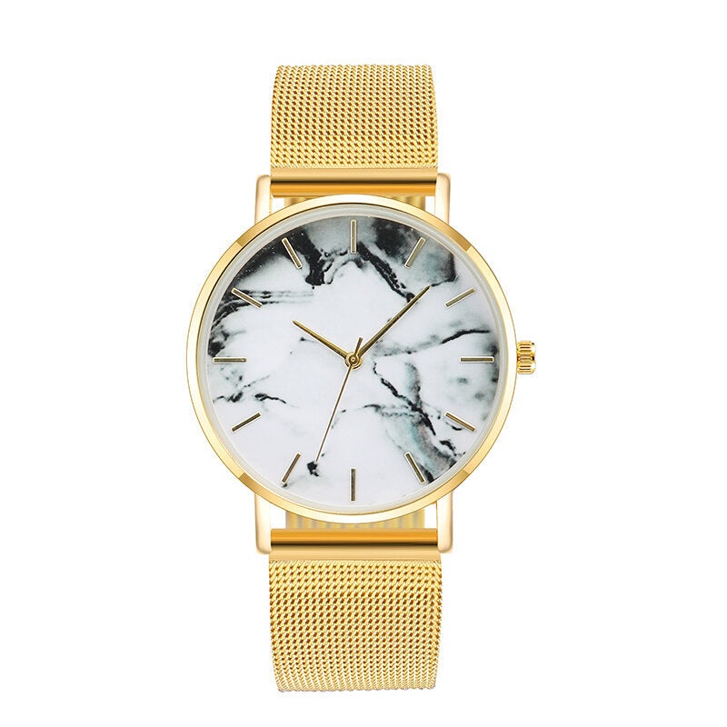 A0556 Leisure Sport Women Watch Alloy Case Mesh Band Adjustable Folding Clasp Creative Marble Quartz Watches