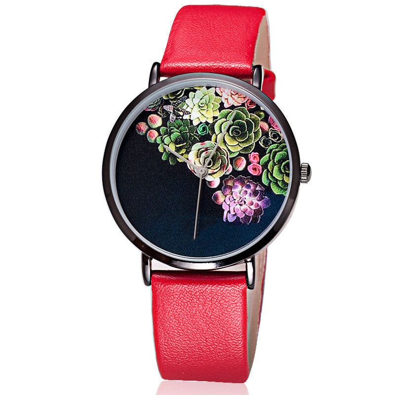 BAOSAILI 1011 Fashion Women Ultra-thin Watch Case Flower Pattern Dial Leather Strap Quartz Watch