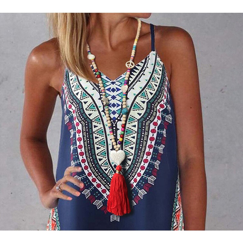 Bohemian Mixed Color Handmade Beaded Necklace Geometric Heart Tassel Pendant Necklace