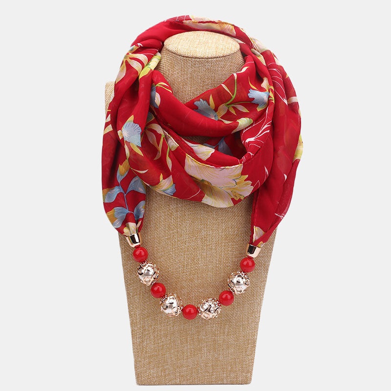 Bohemian Printed Chiffon Multi-layer Necklace Handmade Beaded Tassel Pendant Scarf Necklace