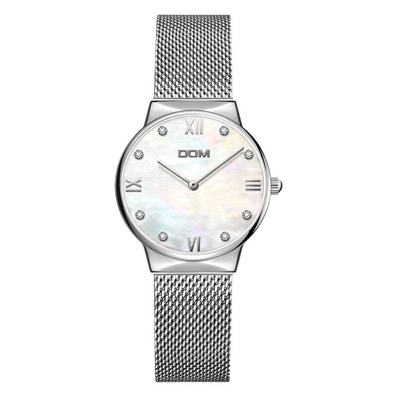 DOM G-32G Crystal Shell Surface Ladies Wrist Watch Stainless Steel Band Quartz Watch