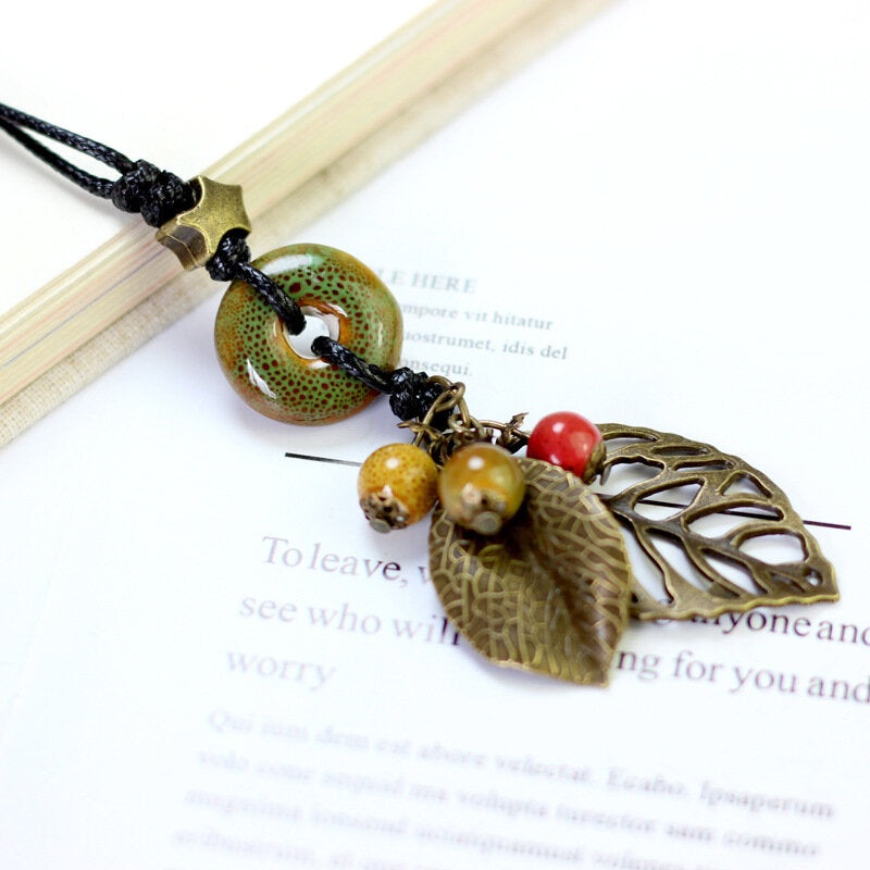 Ethnic Pendant Handmade Beads Necklace Leaves Necklace Vintage  Jewelry for Women