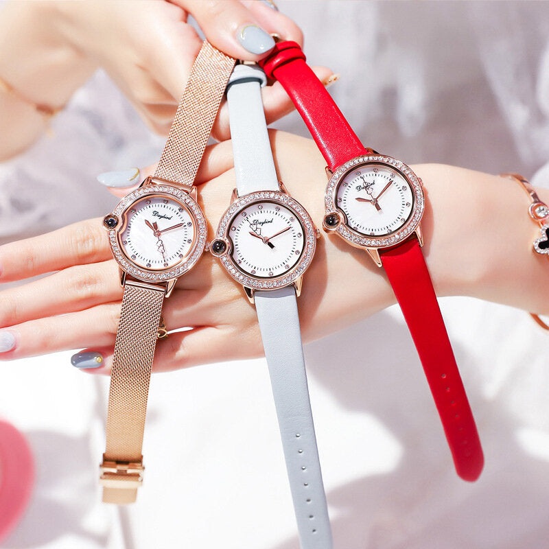 Fashion Casual Nano-carved Women Watch Diamond Case Hardlex Glass Waterproof Leather Strap Female Quartz Watch
