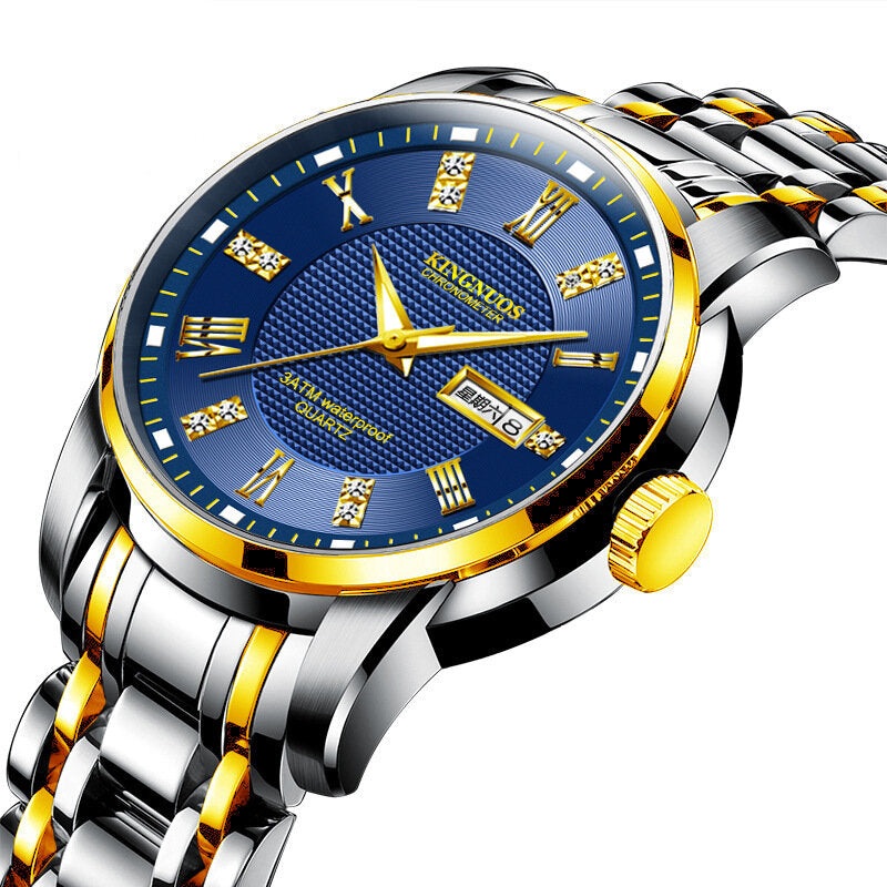 KINGNUOS K-1683 Fashion Men Watch Date Week Display Stainless Steel Strap Business Quartz Watch