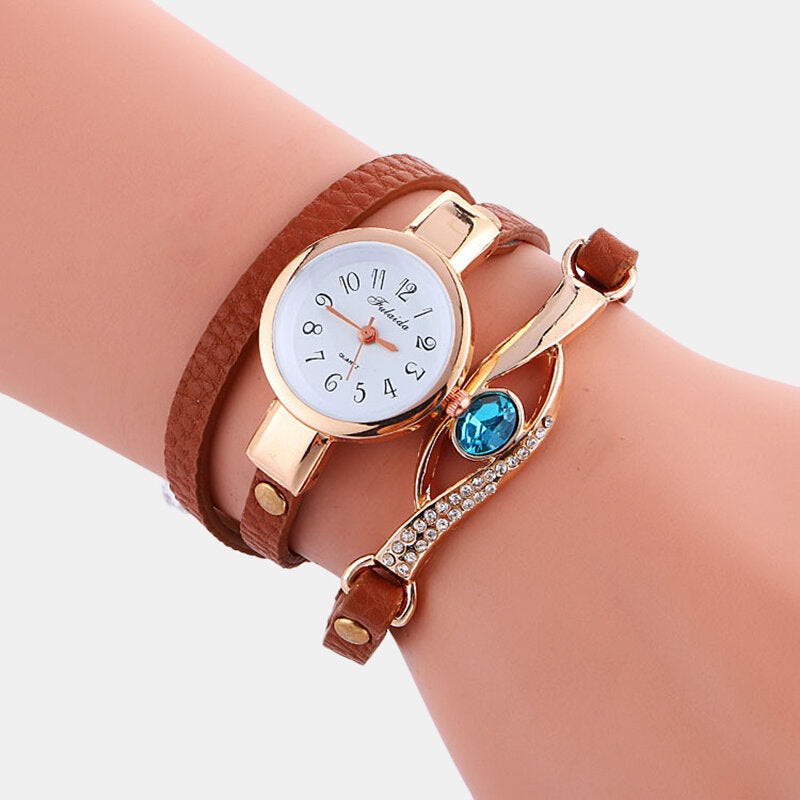 Retro Pu Strap Rhinestone Multi-layer Lady Watch Metal Blue Crystal Adjustable Wrist Watch Quartz Watch