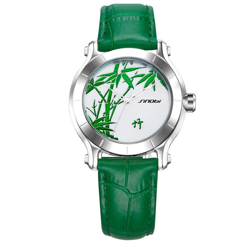 SINOBI 9632 Green Bamboo Women Watches Leather Strap Waterproof Clock Quartz Watch