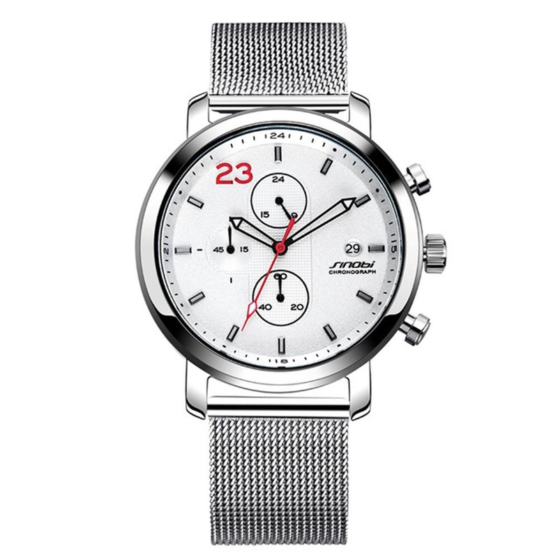 SINOBI 9765 Chronograph Casual Style Men Wrist Watch Mesh Steel Strap Quartz Watches
