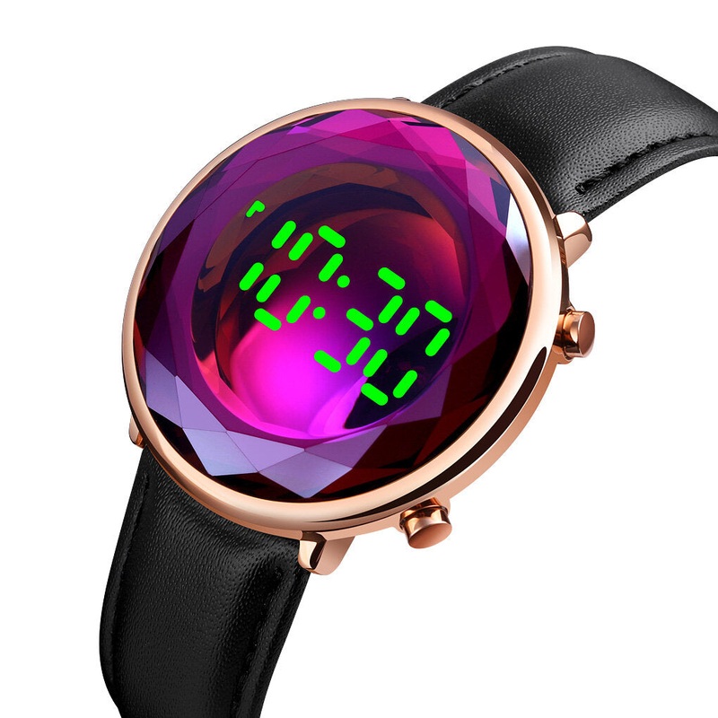 SKMEI 1460 Creative Three-dimensional Cut Glass Dial Luminous Date Display Genuine Leather Strap Digital Watch