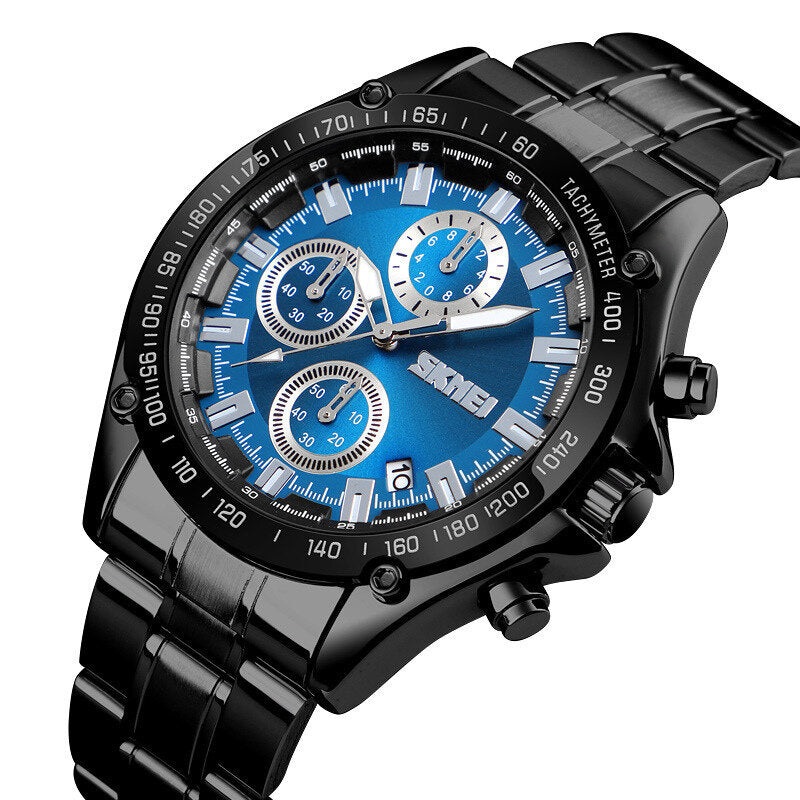 SKMEI Stainless Steel Band Men Watch Running Seconds Chronograph Waterproof Business Quartz Watch