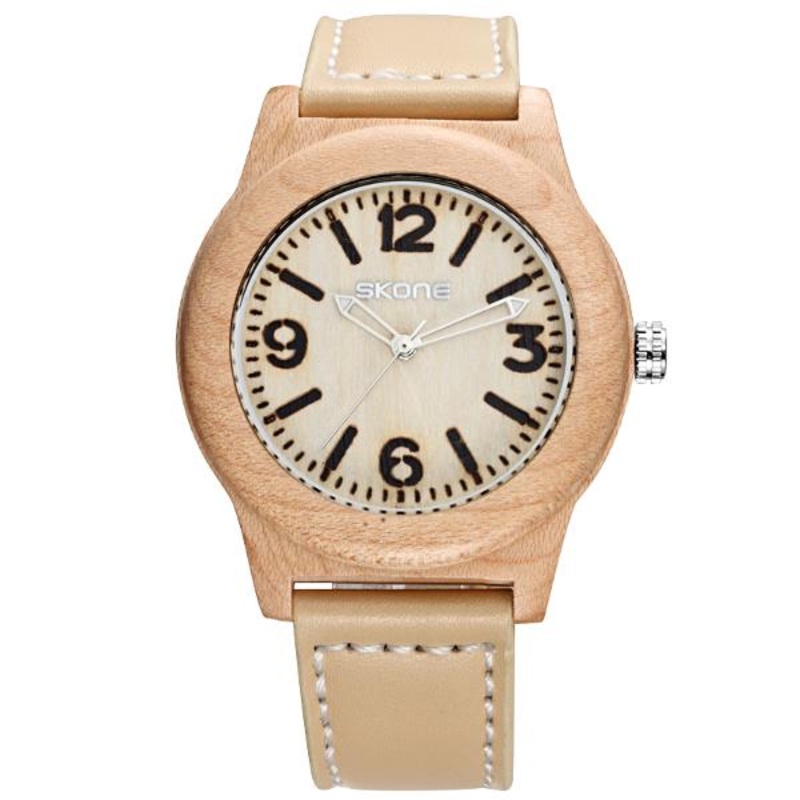 SKONE 3842 Fashion Men Quartz Watch Casual Leather Strap Wooden Wristwatch