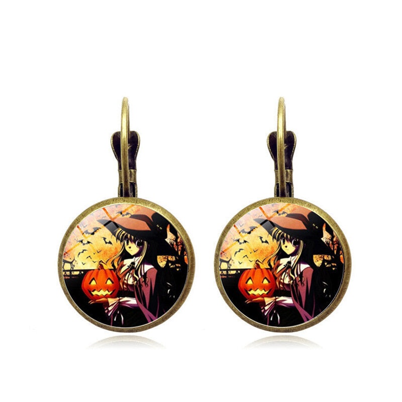 Vintage Halloween Witch Earring Bronze Round Glass Ear Drop Women Jewelry Gifts
