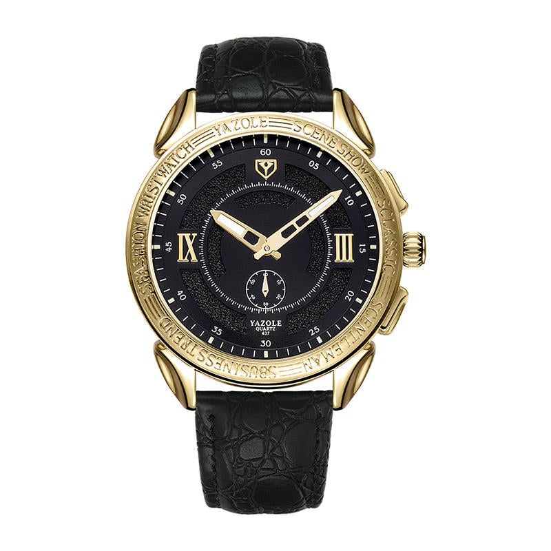 YAZOLE 437 Luminous Display Small Seconds Dial Leather Band Gold Metal Case Men Quartz Watch