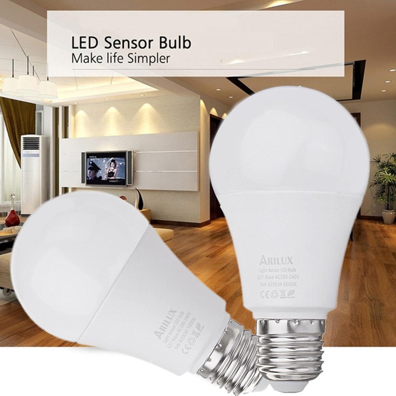 ARILUX E27 A60 9W 620LM Warm White Pure White Dusk LED Sensor Globe Light Bulb AC100-240V