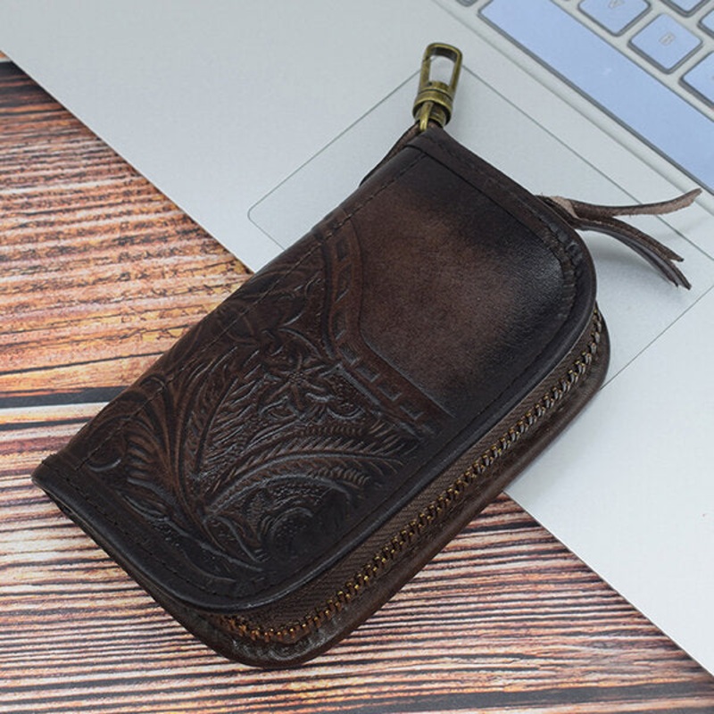 Men Vintage Genuine Leather Embossing Car Key Case Holder