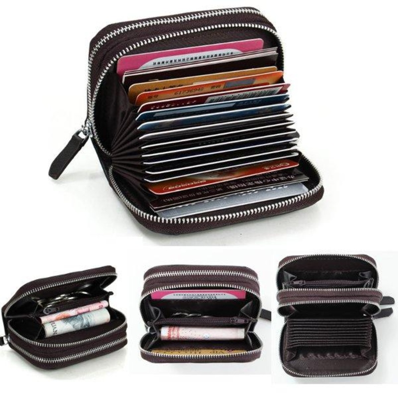 Women Men Genuine Leather Double Zipper Interlayer Card Holder Purse Coin Bags